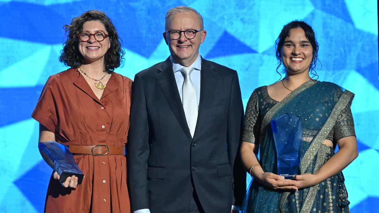 Anthony Albanese with Hannah Costello and Vanessa Brettell