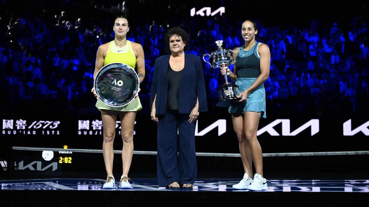 Aryna Sabalenka (left), Evonne Goolagong Cawley and Madison Keys.