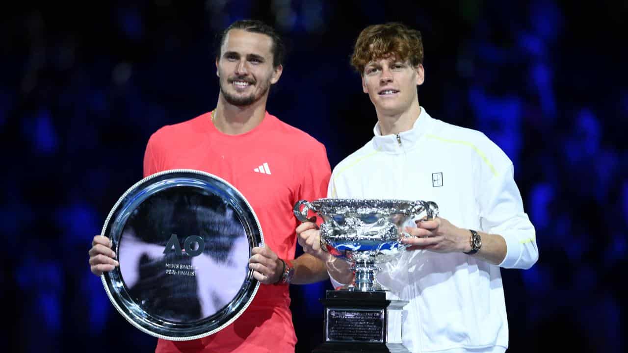 Alexander Zverev of Germany  poses with Jannik Sinner.