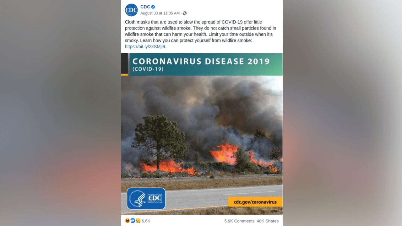 2020 CDC Facebook post warning some COVID masks no good for wildfires.