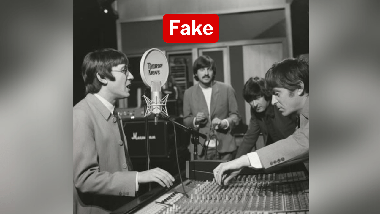 Fake AI image of The Beatles recording Tomorrow Never Knows.