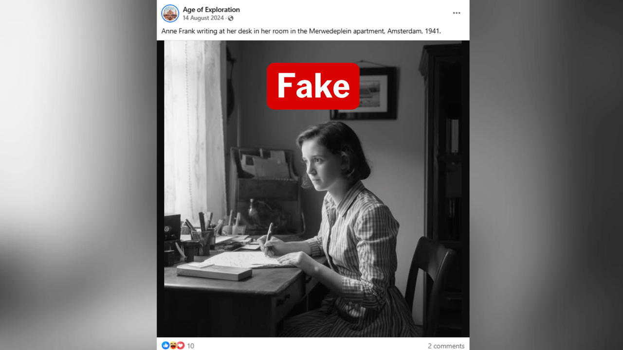 Fake AI image of Anne Frank at a desk.