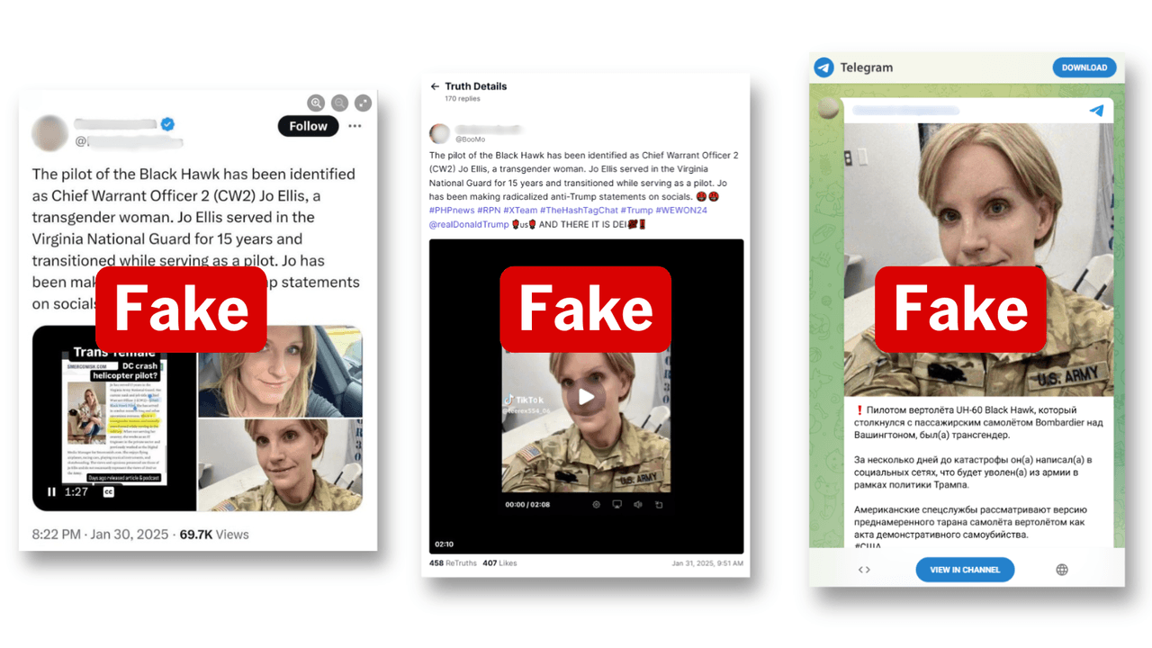 Fake posts from X, Truth & Telegram about trans pilot Jo Ellis