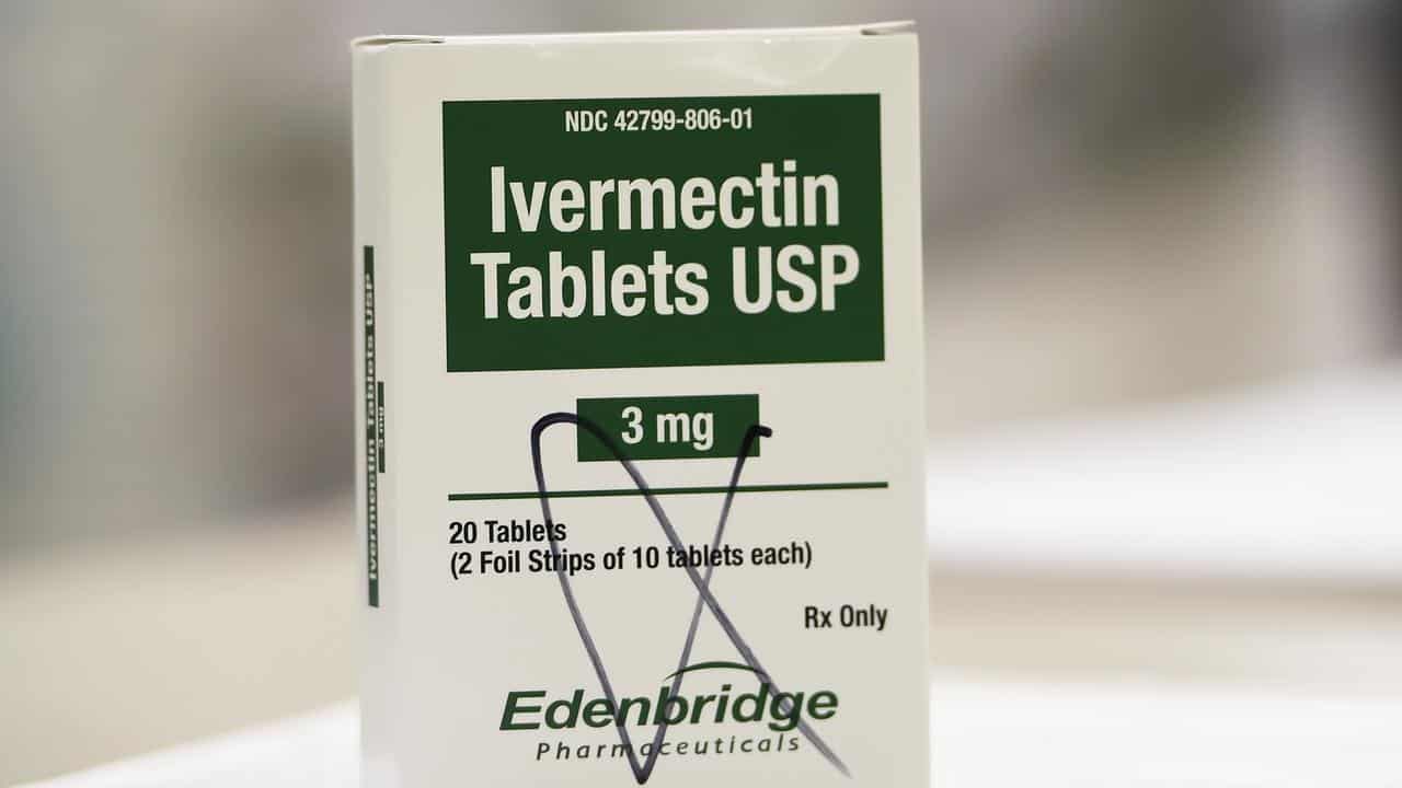 A box of ivermectin tablets in a pharmacy.