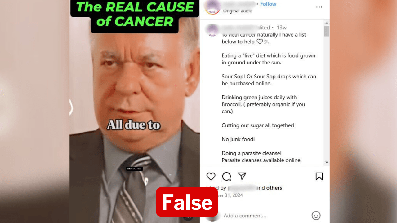 Screenshot of an Instagram making false claims about cancer cures.