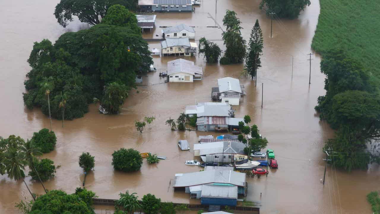 Flooding is seen from a helicopter in the Cardwell area