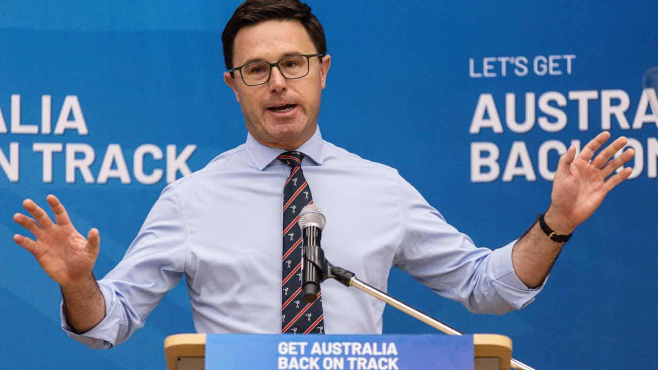 Nationals leader David giving a speech from a podium.