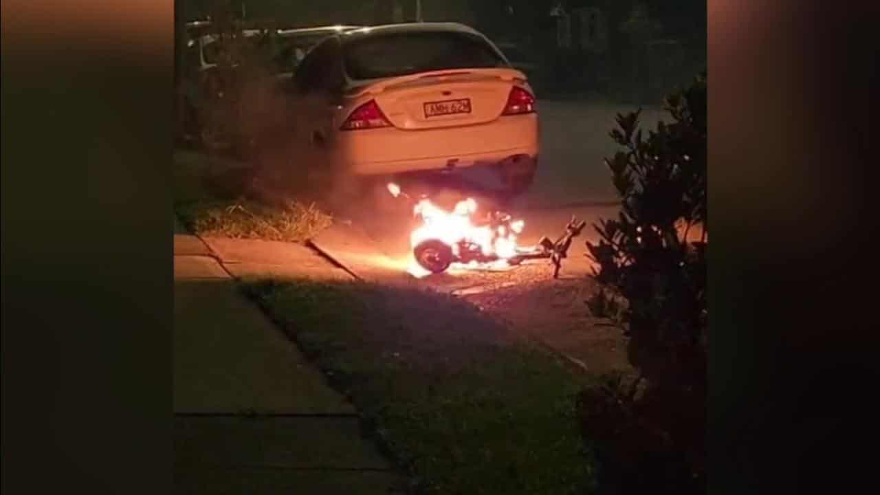 An e-scooter on fire