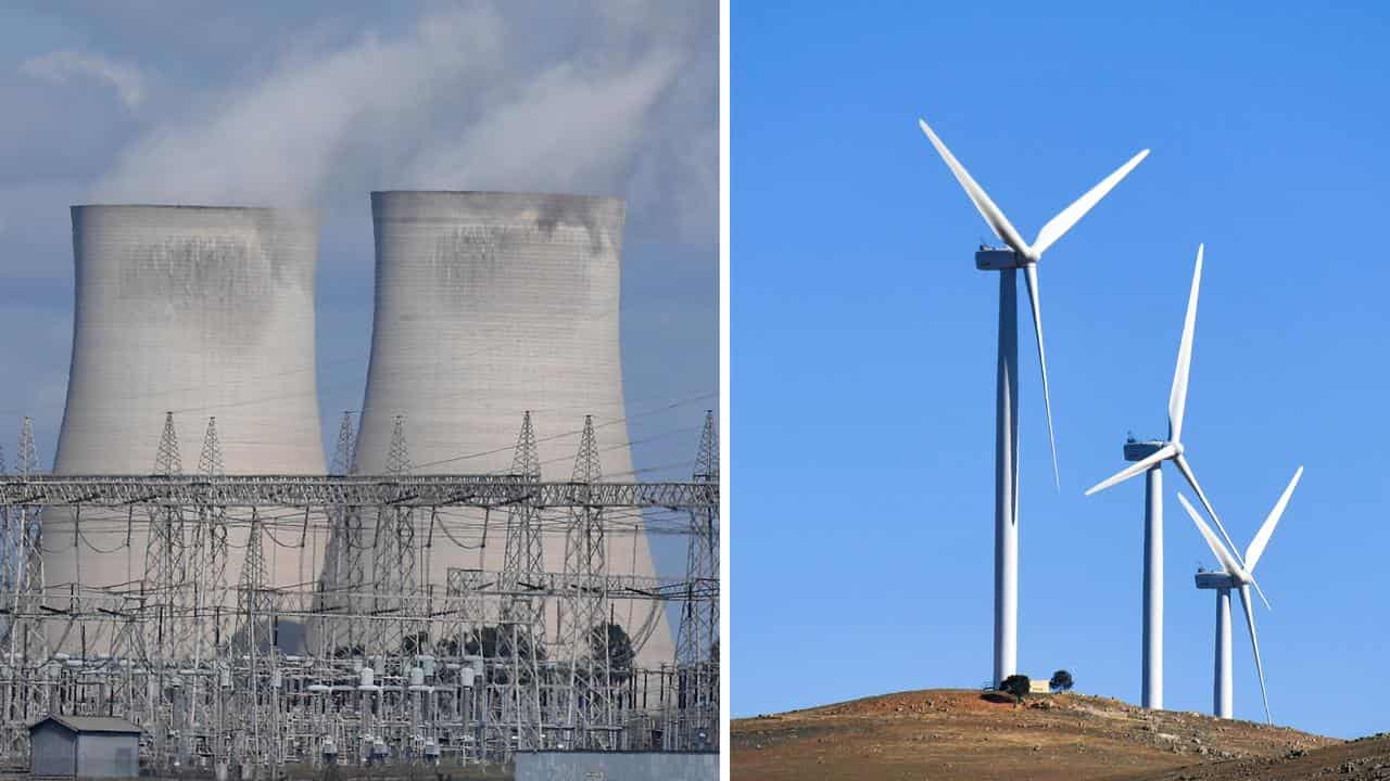 A coal-fired power station and a wind farm.