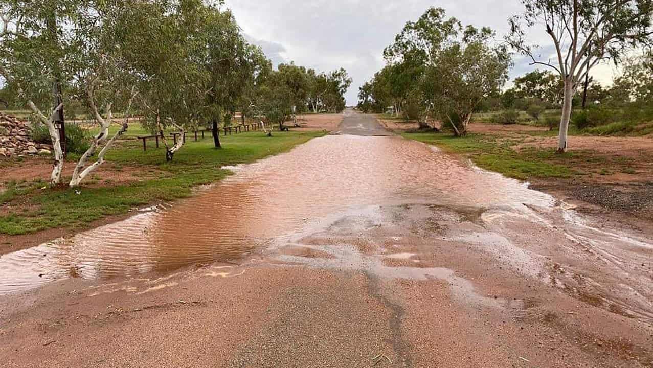 A flooded road is seen in Marble Bar, Western Australia