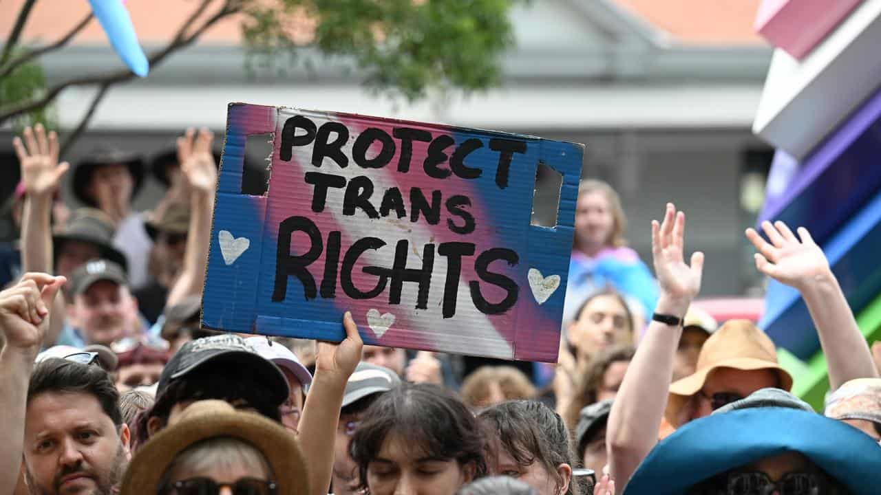 Protesters demonstrate at a trans rights rally in Newtown, Sydney