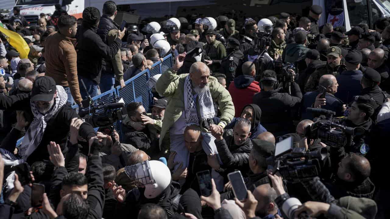 Palestinian are greeted after being released from Israeli prison