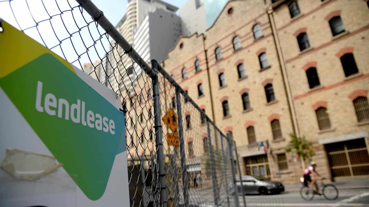 A Lendlease logo is seen on temporary fencing in Sydney's CBD