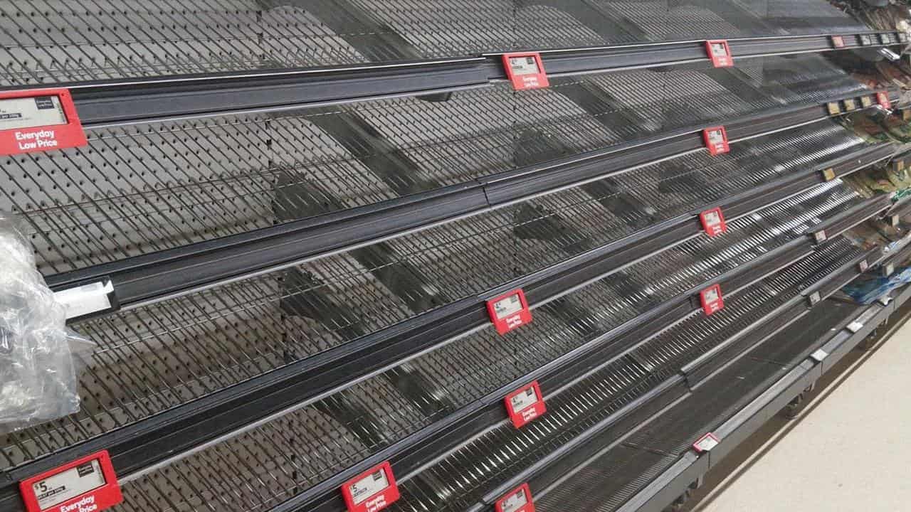 Bare shelves at a supermarket