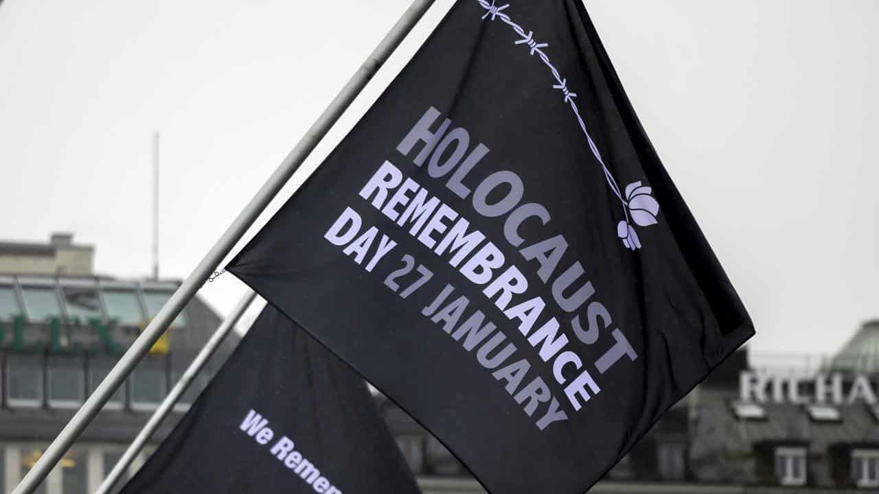 A flag marking Holocaust Remembrance day in Geneva.