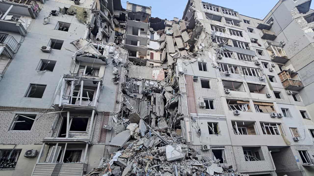 A building heavily damaged by a Russian strike in Kherson, Ukraine