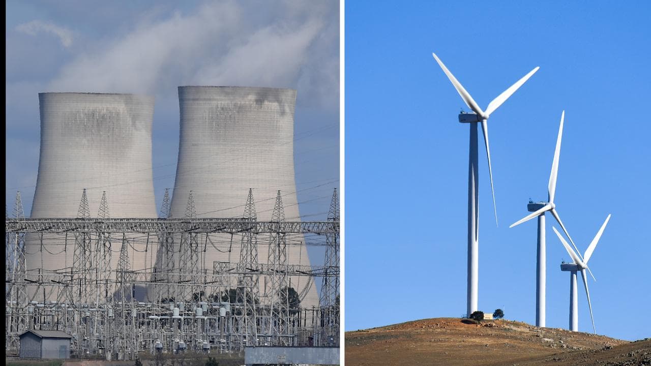 A coal-fired power station and a wind farm