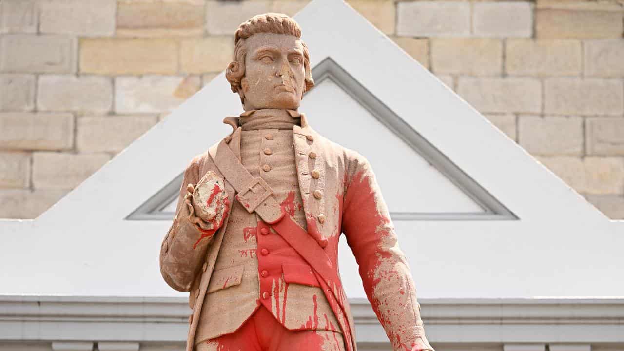 A statue of James Cook is seen vandalised, in Randwick, Sydney