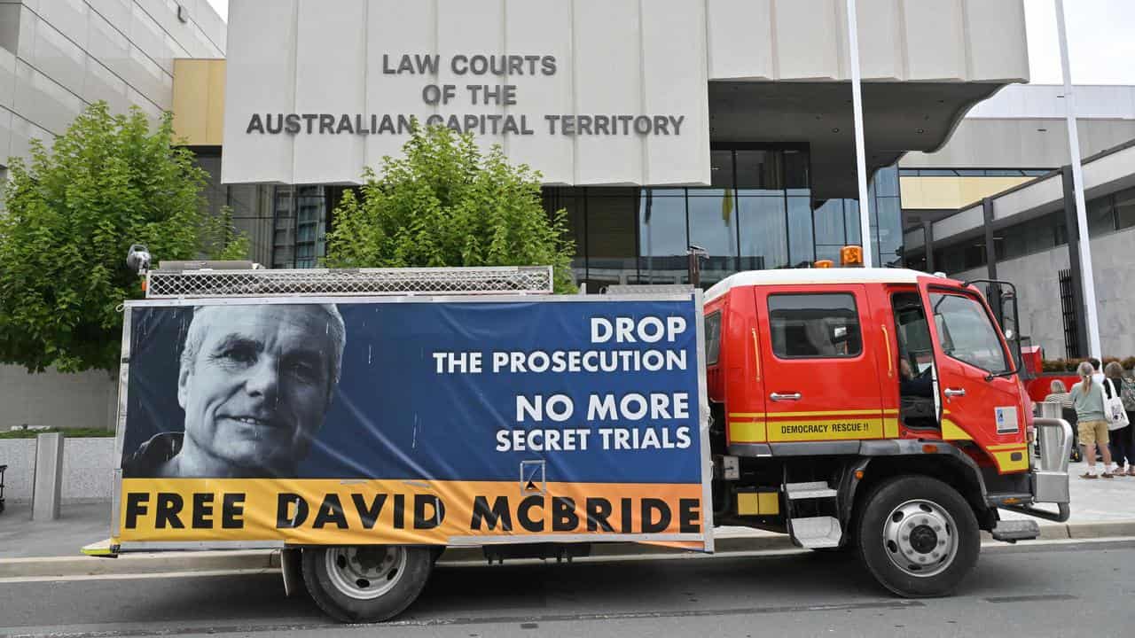 Supporters for David McBride outside the ACT Supreme Court