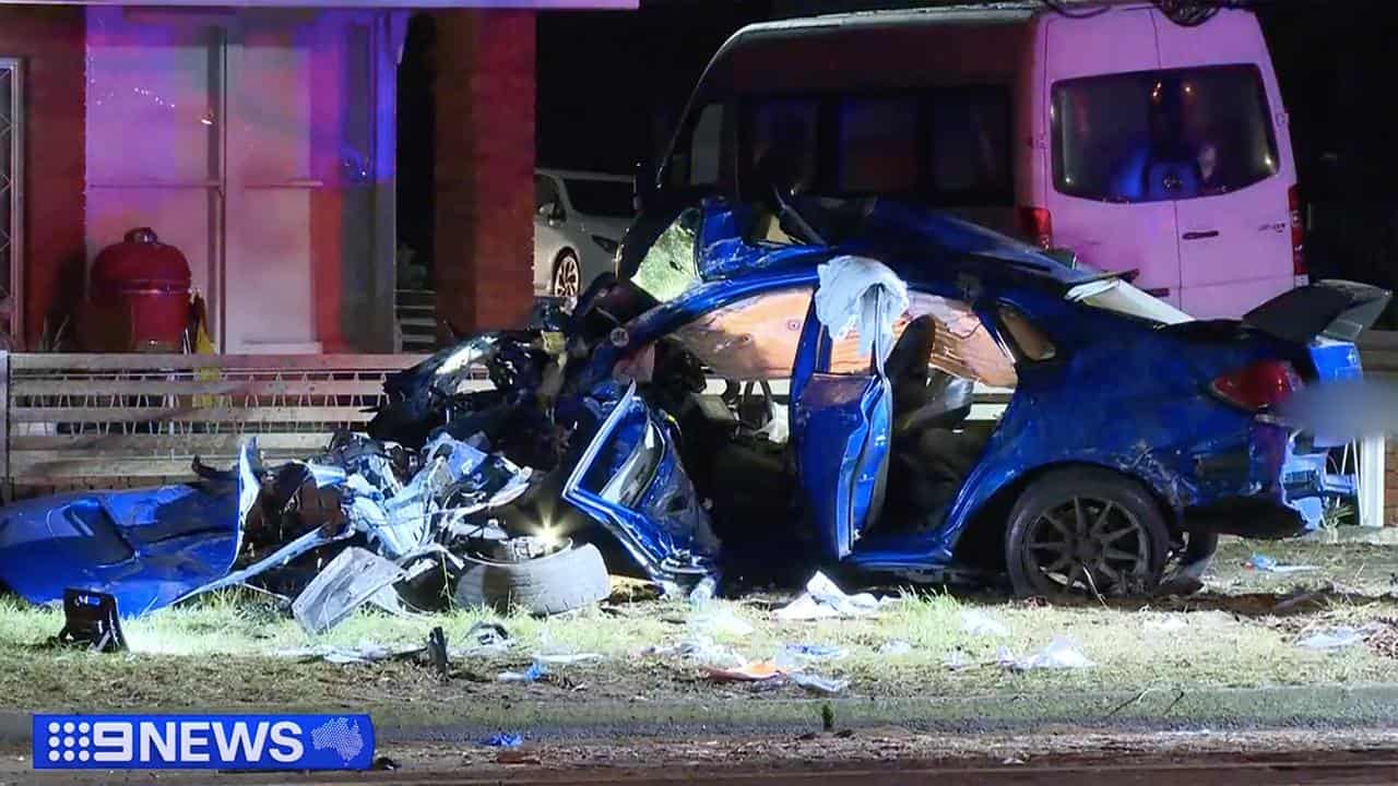 A crashed Subaru WRX in Monterey south of Sydney