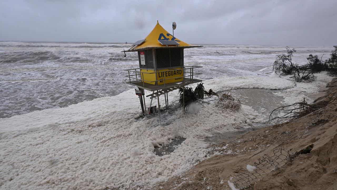 A lifeguard tower after falling into the ocean on March 8