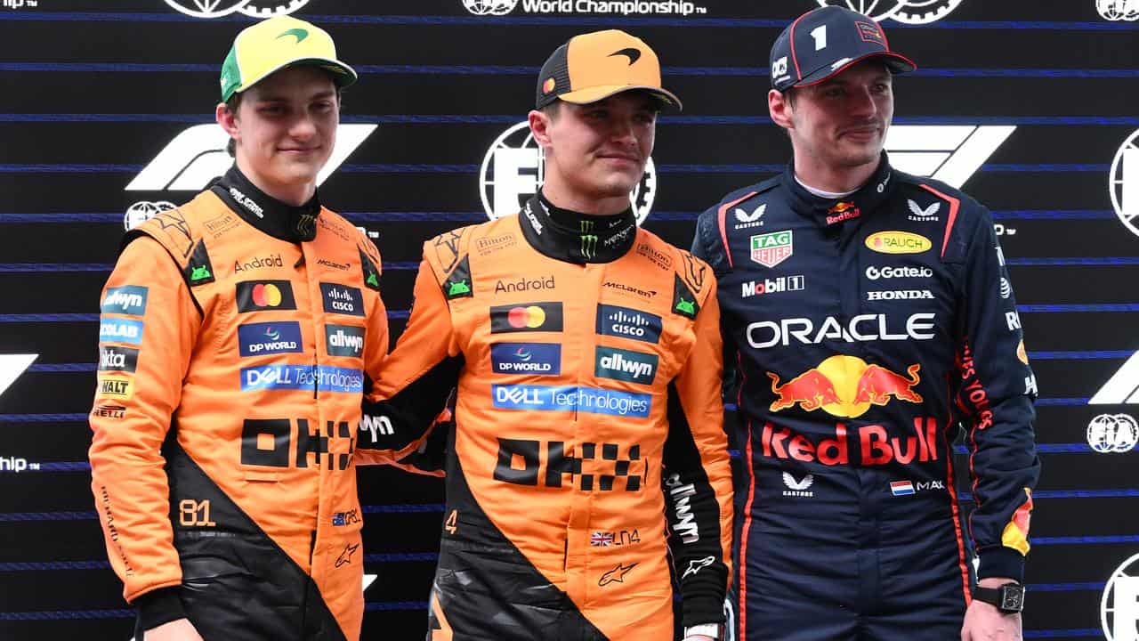 (L-R) Oscar Piastri, Lando Norris and Max Verstappen.