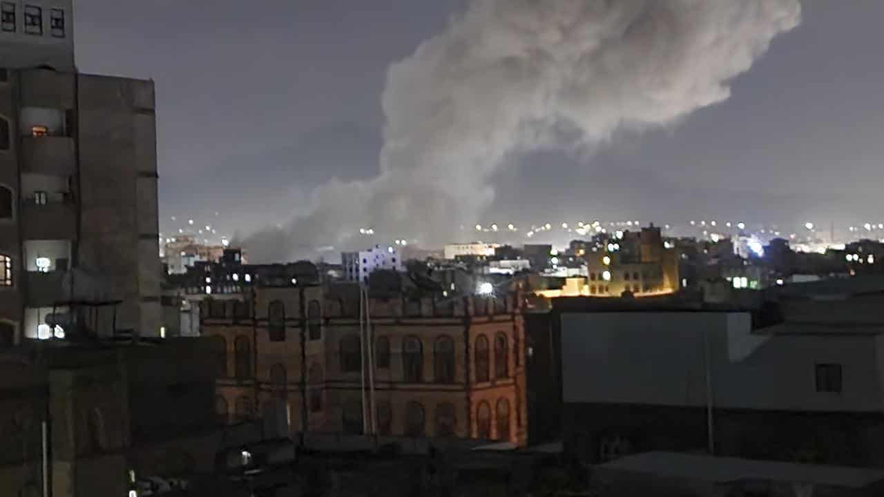 Smoke rises from a location struck by US airstrikes in Sanaa