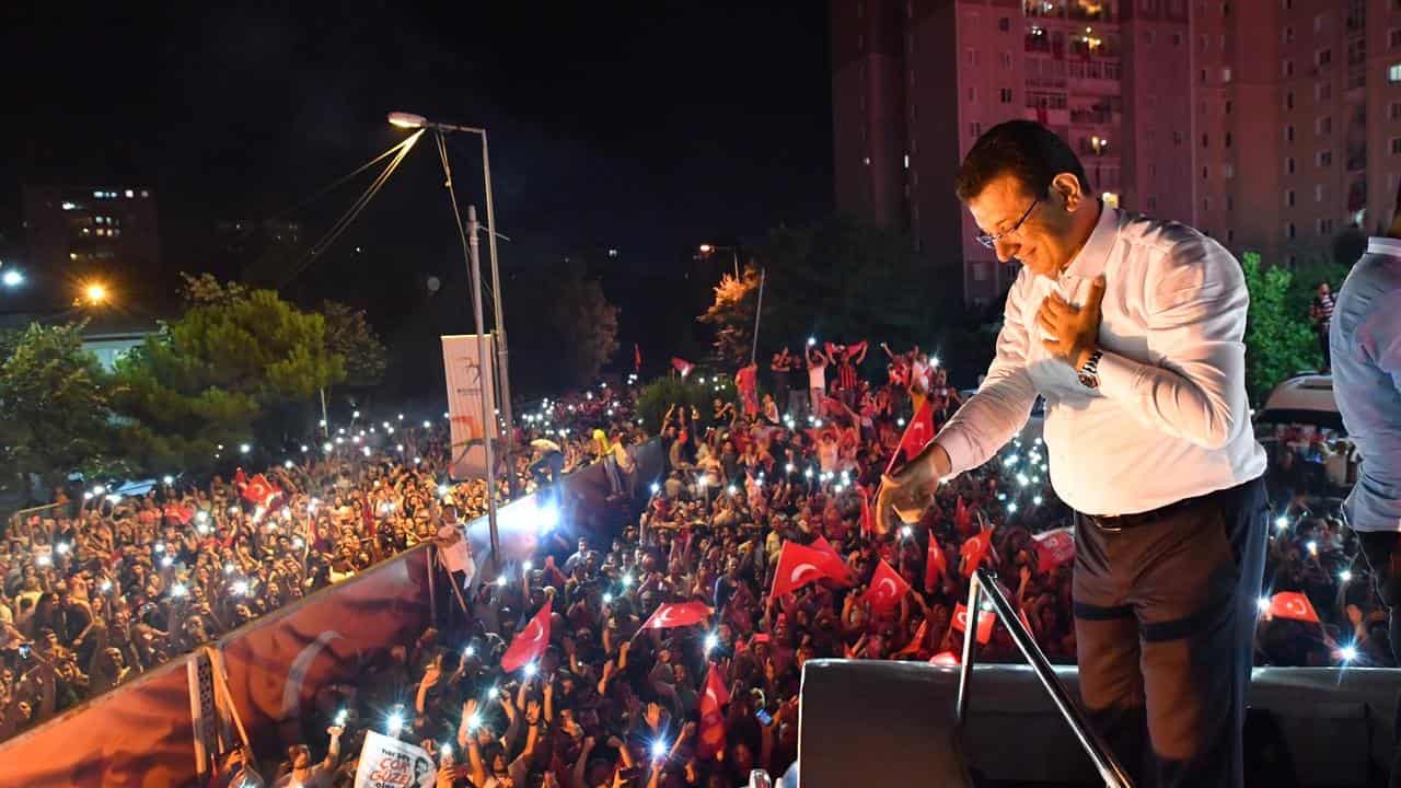 Istanbul Mayor Ekrem Imamoglu celebrates with supporters in 2019