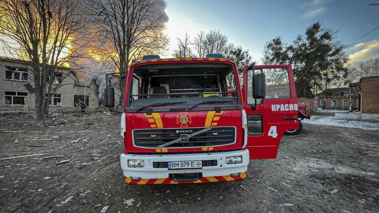 Fire truck at the site of a Russian attack in Krasnopillia, Sumy