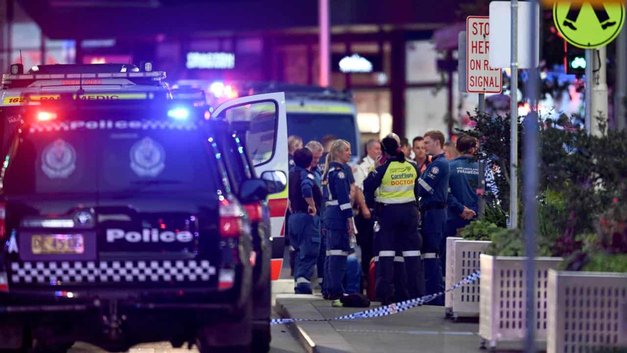 Police and emergency services at Bondi Junction after a mass stabbing