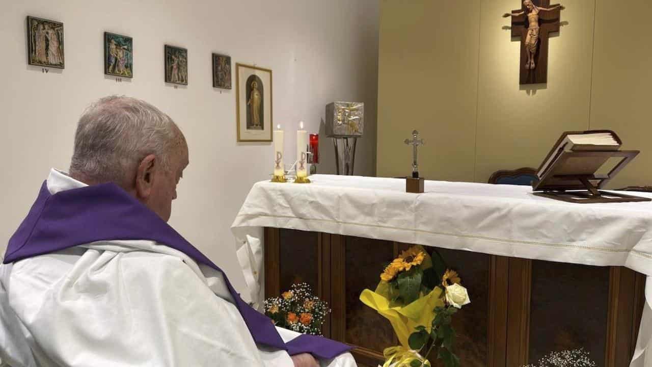 Pope Francis celebrates a mass inside the chapel of Gemelli hospital