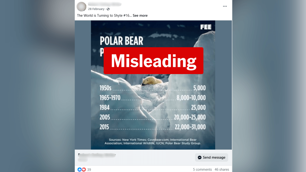 Facebook post claiming polar bear numbers are increasing.