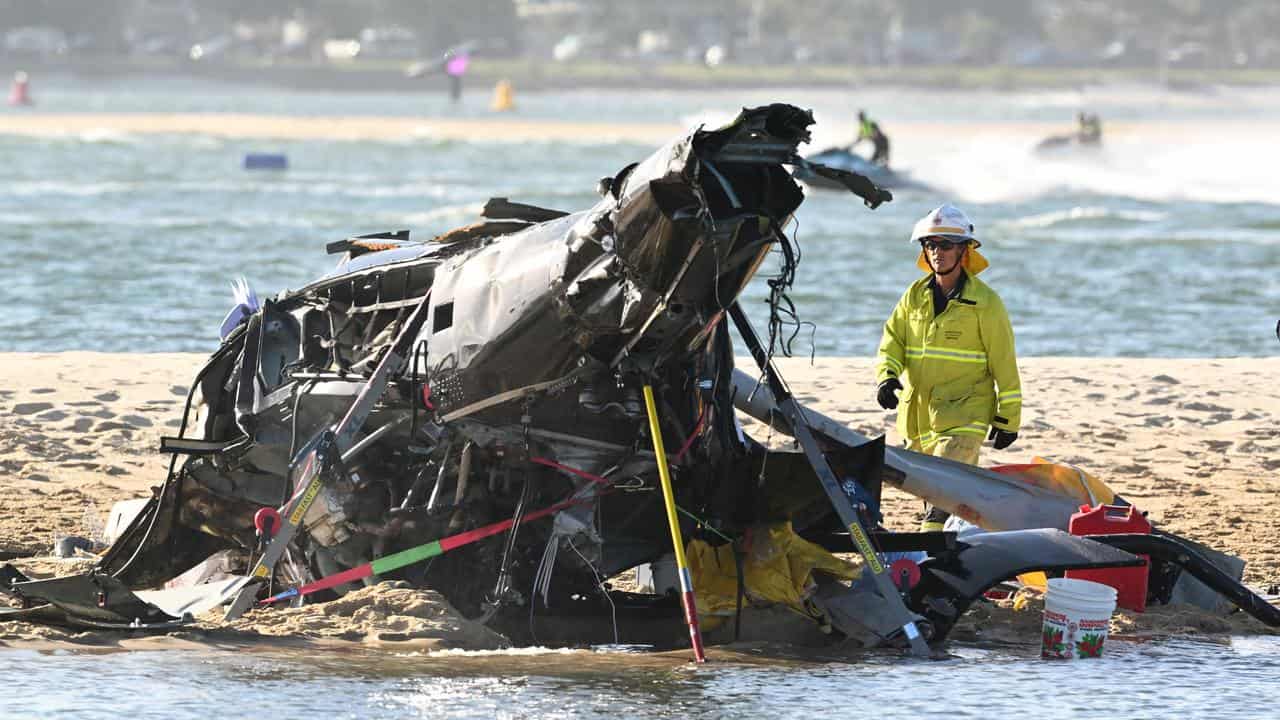 Wreckage of a crashed helicopter on the Gold Coast in January 2023