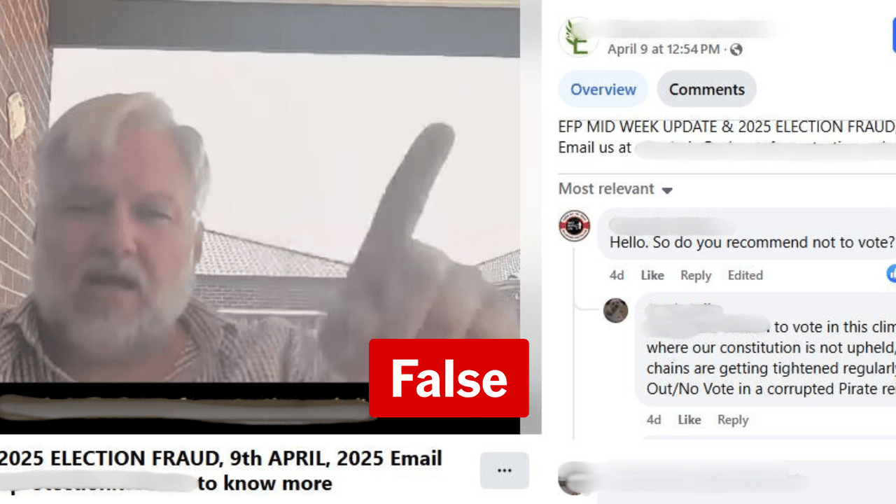 Screenshot of video making false claims the federal election is fake.