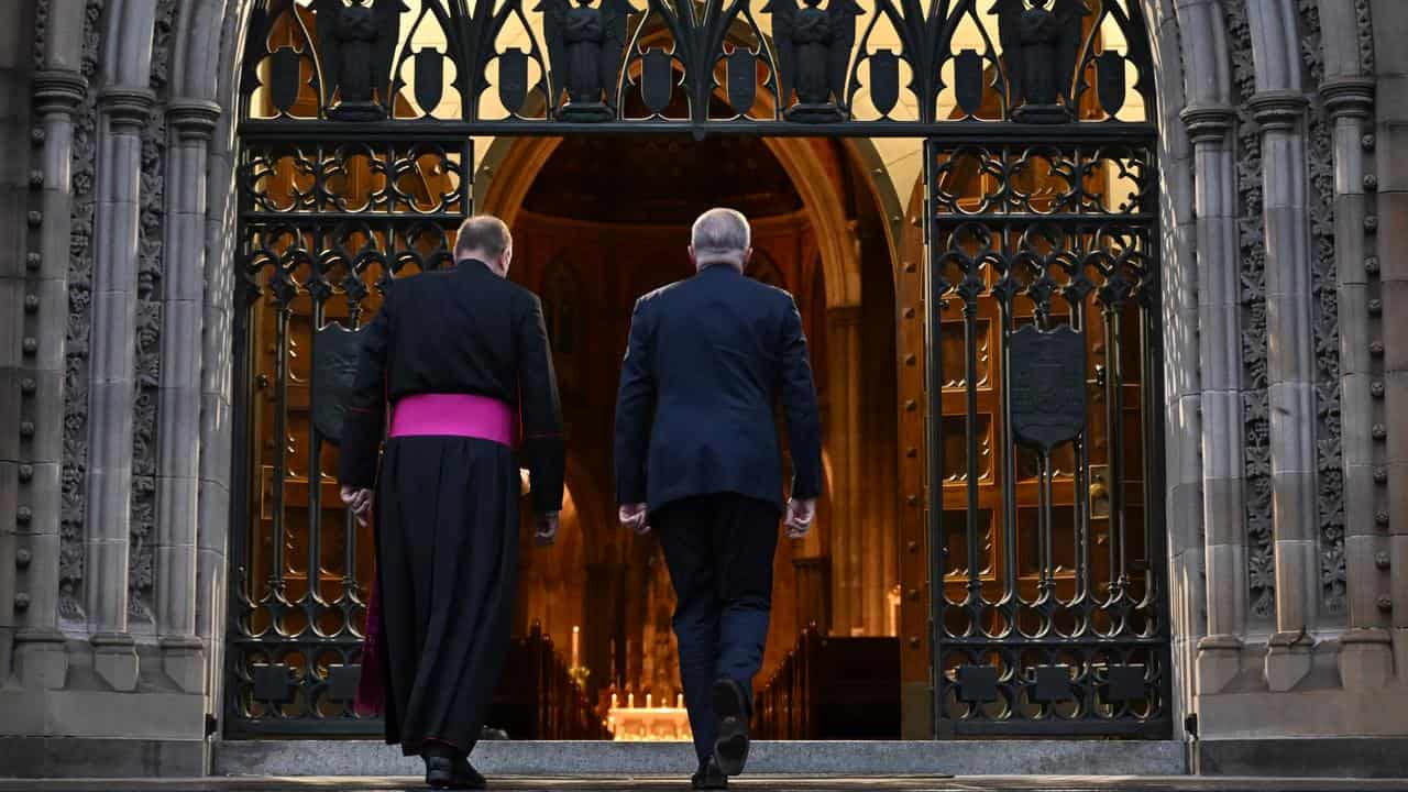 Anthony Albanese at a memorial for the Pope