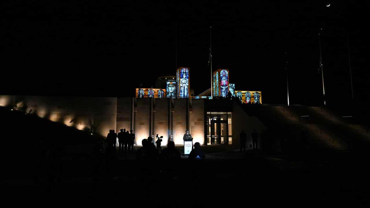 Projections on the walls of the Australian War Memorial on ANZAC Day