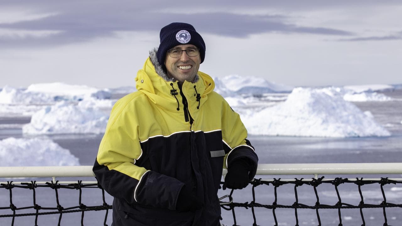 Science coordinator Damien Stringer in Antarctica on icebreaker Nuyina