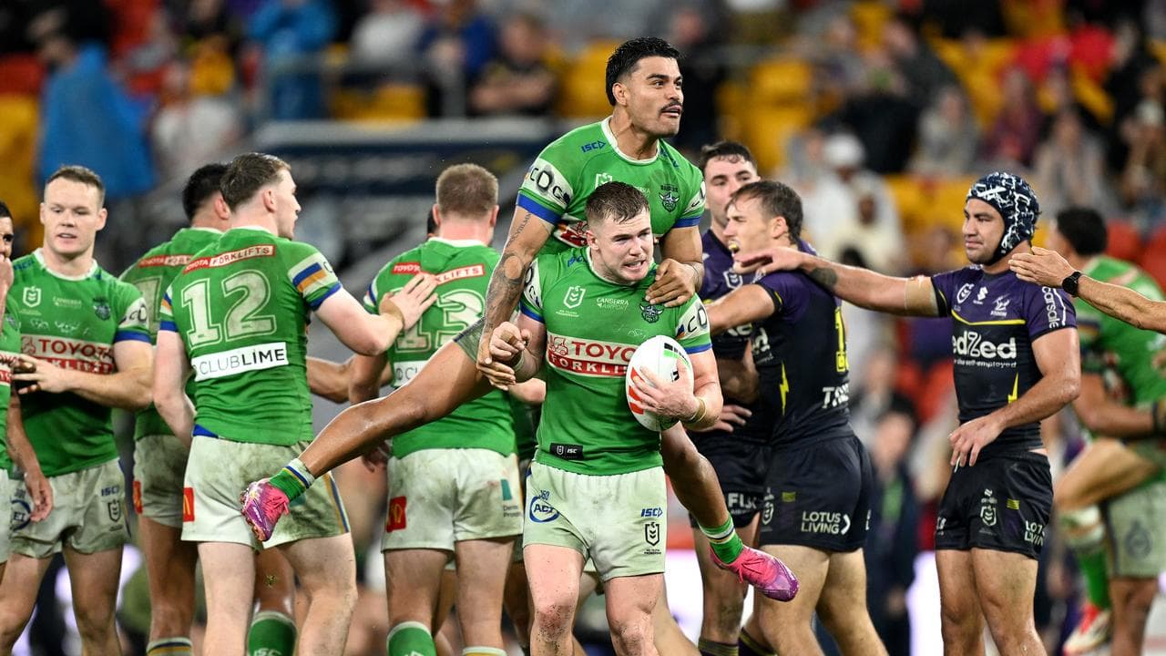 Celebrating Canberra Raiders players.