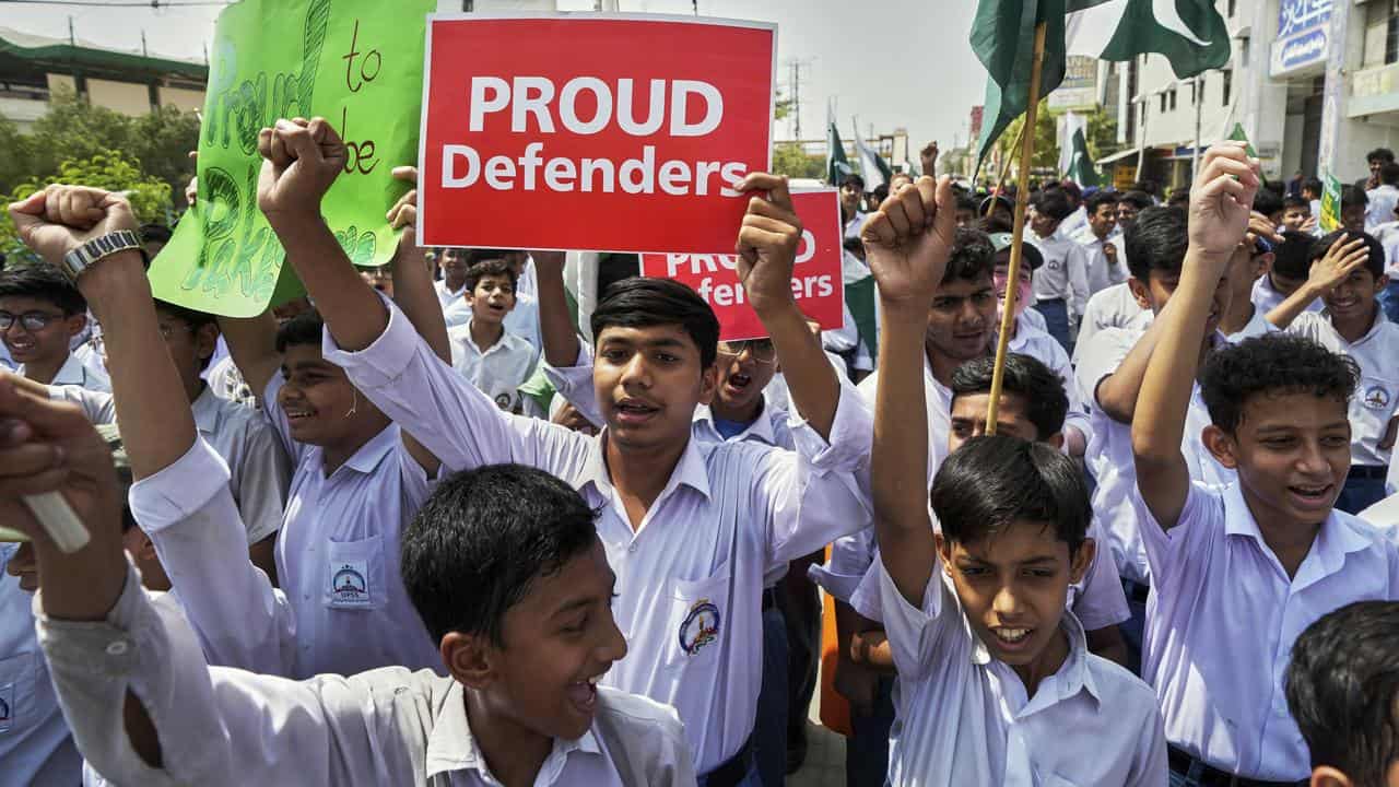 Students chant anti-India slogans during a demonstration in Karachi