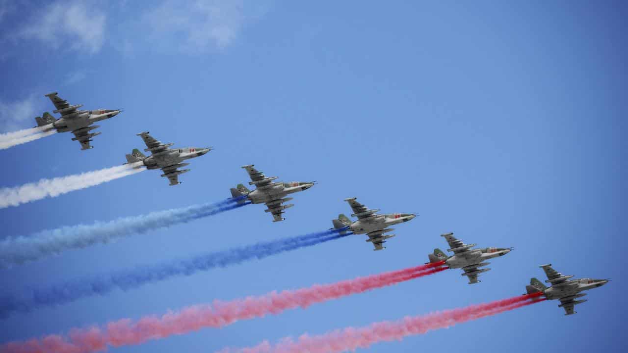 Russian Air Force Su-25 jets fly over Red Square, Moscow