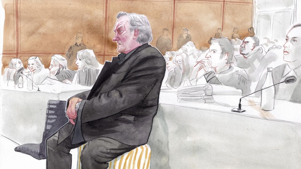 Sketch of Gerard Depardieu during his trial in Paris