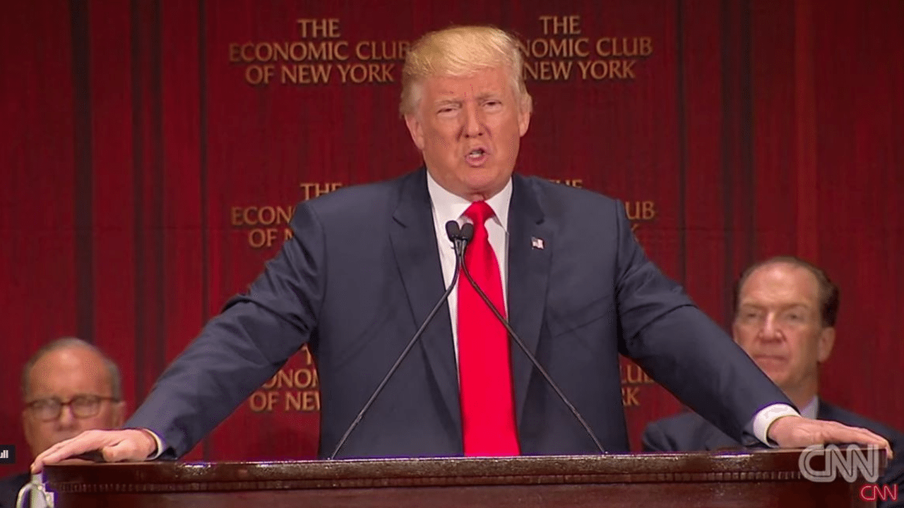 Screenshot from a video of Trump at a 2016  address.
