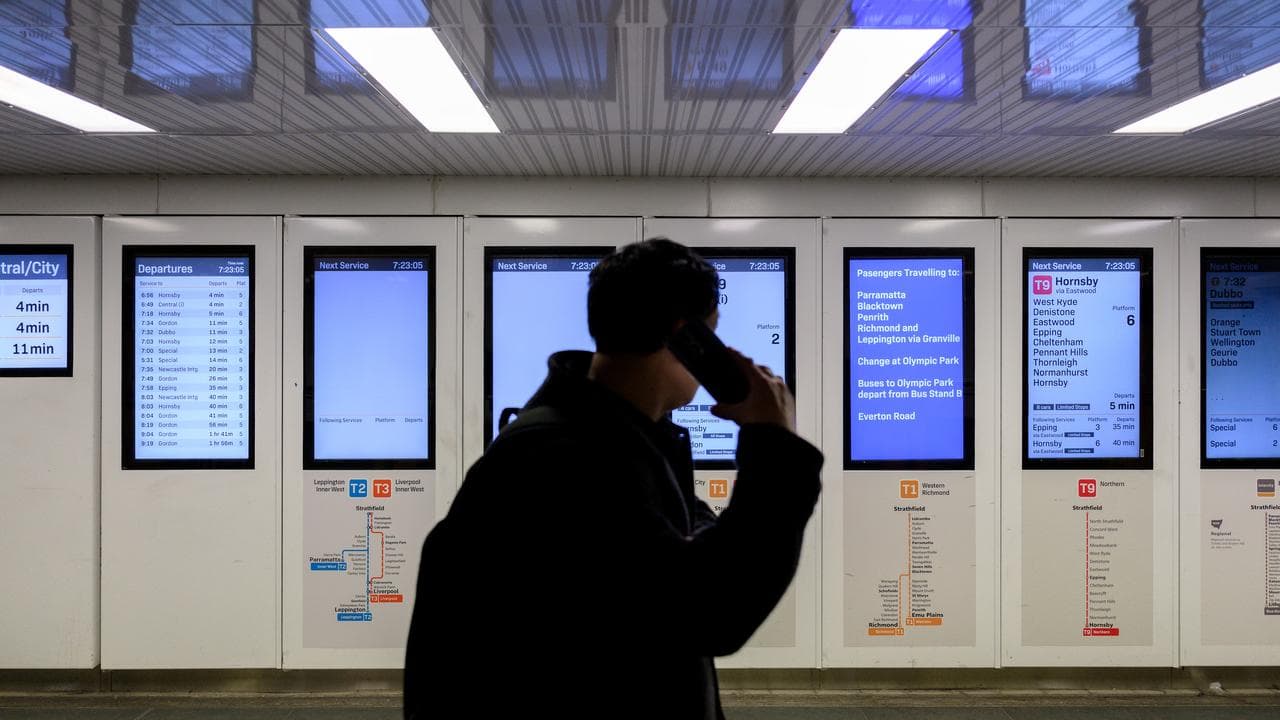 A passenger checks a train timetable.