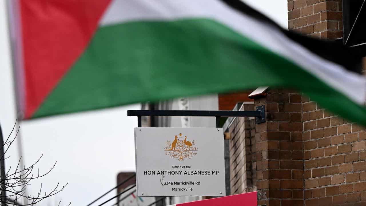 Protesters outside Prime Minister Anthony Albanese's electorate office
