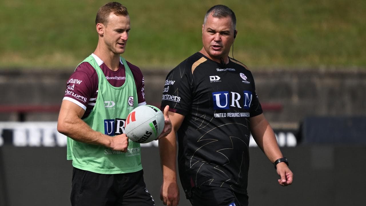 Daly Cherry-Evans (left) with Manly coach Anthony Seibold (right)