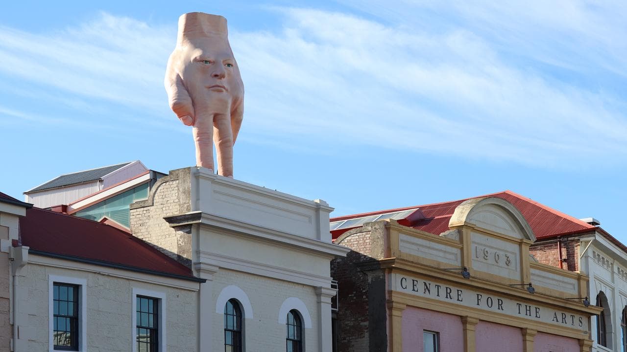 Sculpture 'Quasi' is seen atop the Henry Jones Hotel in Hobart,