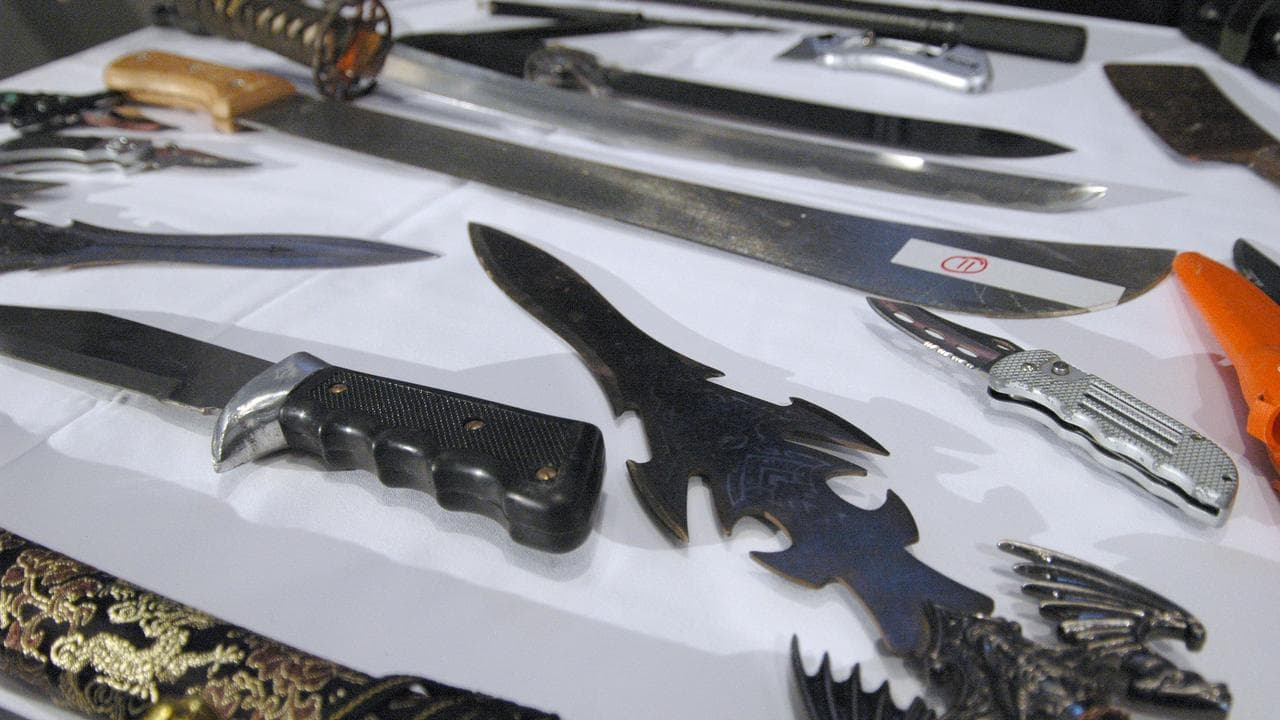 A collection of swords, machetes and knifes