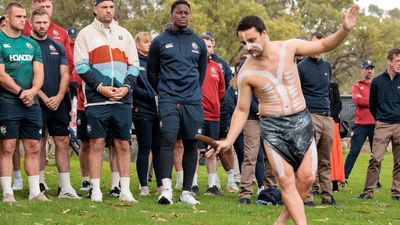 Lions players at a welcoming ceremony in Perth.