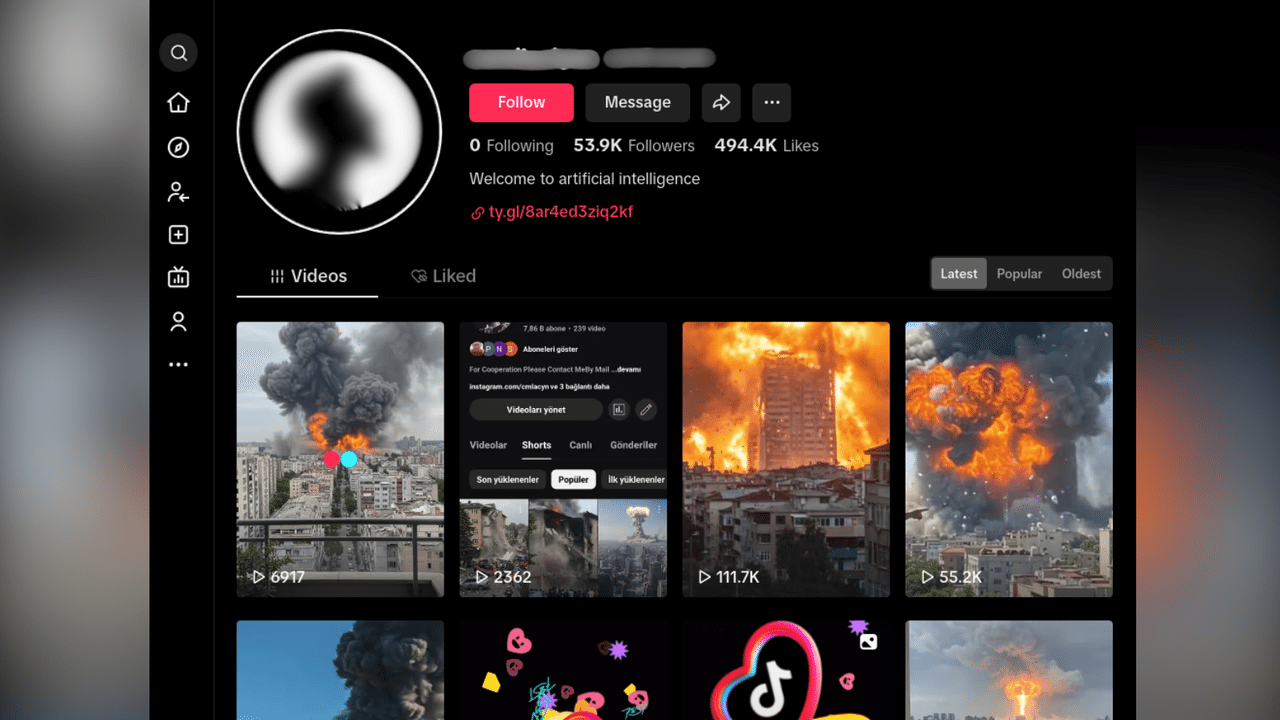 Account page of TikTok creator who makes AI videos of bombs