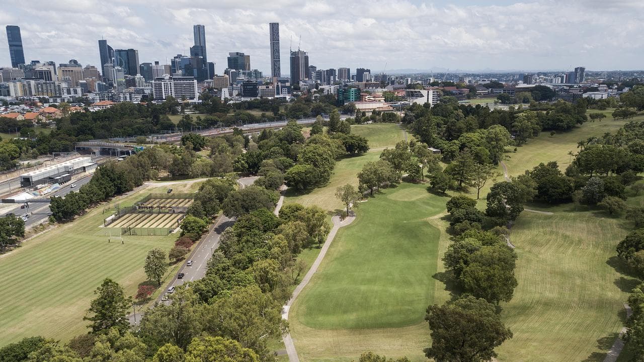 An aerial view of Victoria Park and the Brisbane CBD